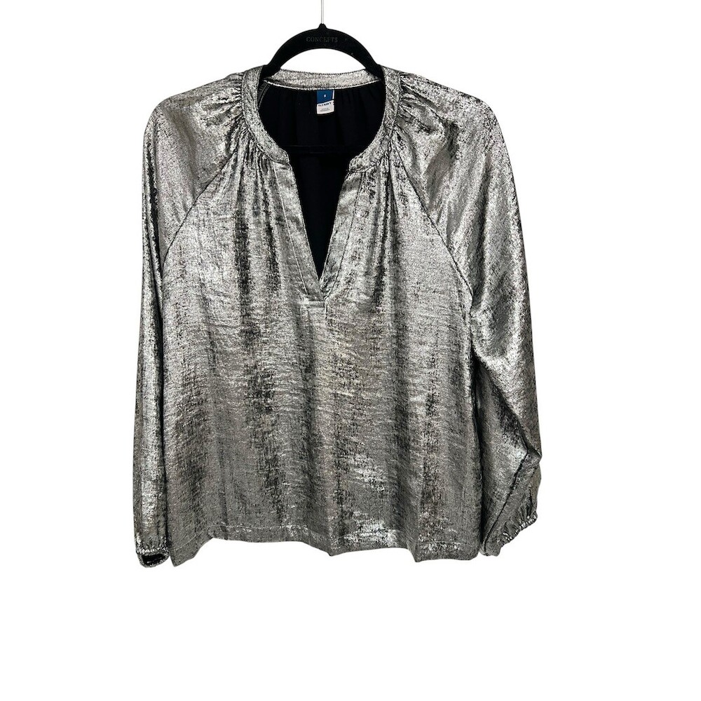 Old Navy Blouse Womens Size S Silver Metallic Shimmer Split V-Neck Top